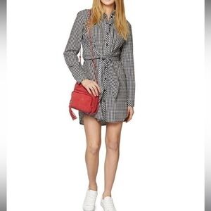 Sanctuary Dress Large Black & White Checked Plaid Tie Belted Cotton Long Sleeve